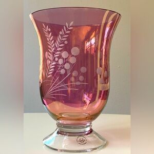 XL Lenox Pink Burgundy Cranberry Hurricane Crystal Vase 9”x 6 1/4”